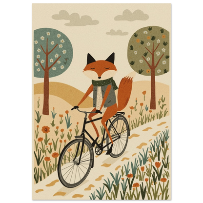Räv på cykel i ett landskap nära träd och blommor, beige bakgrund – Tecknad poster