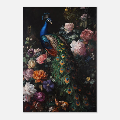 Elegant djurmotiv föreställande en påfågel med utsträckt stjärtfjäder bland prunkande blommor