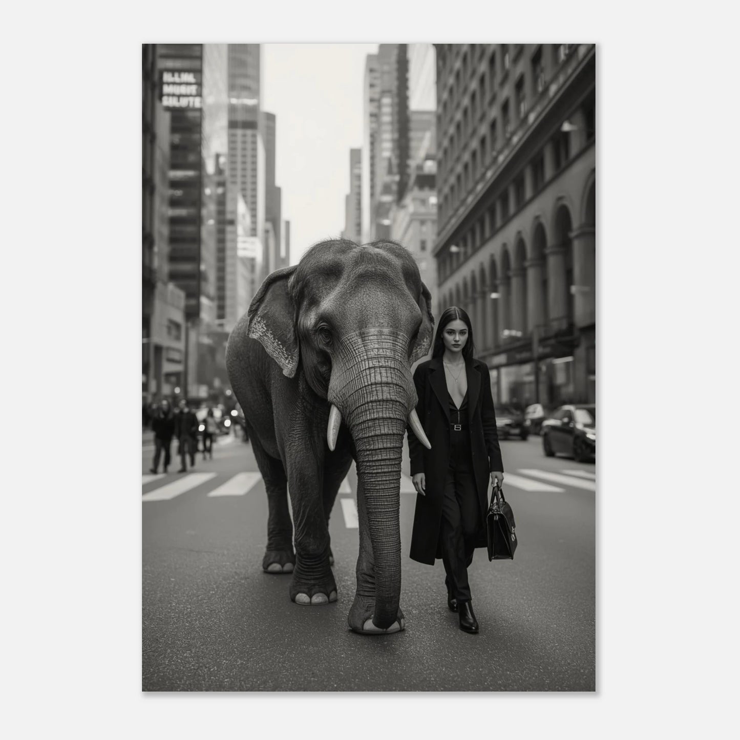 Modern fotoposter med elefant och elegant kvinna i stadsmiljö