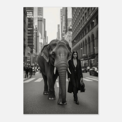 Modern fotoposter med elefant och elegant kvinna i stadsmiljö