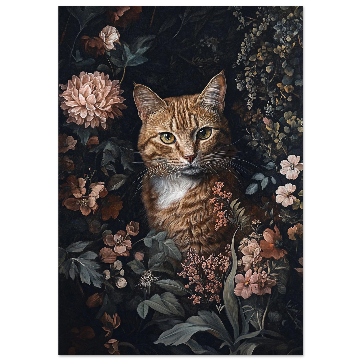 Oljemålning av en orange katt bland mörka blommor – konstnärlig djurposter