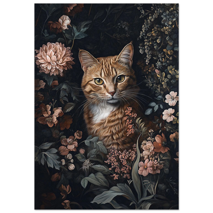 Oljemålning av en orange katt bland mörka blommor – konstnärlig djurposter
