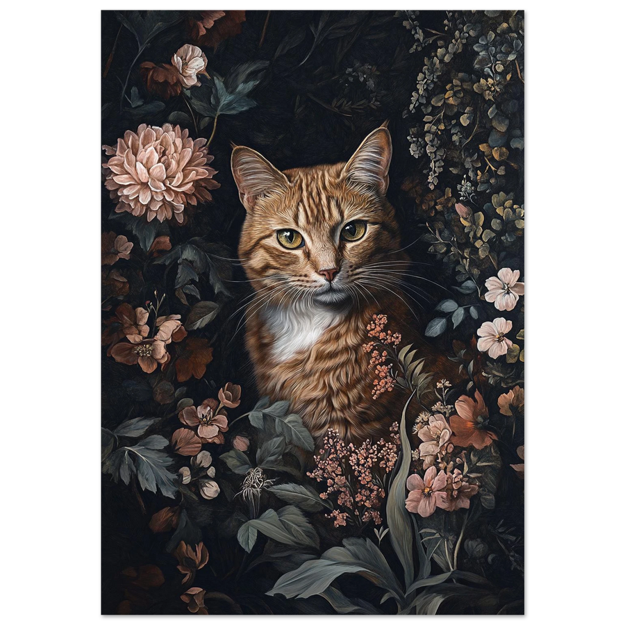 Oljemålning av en orange katt bland mörka blommor – konstnärlig djurposter