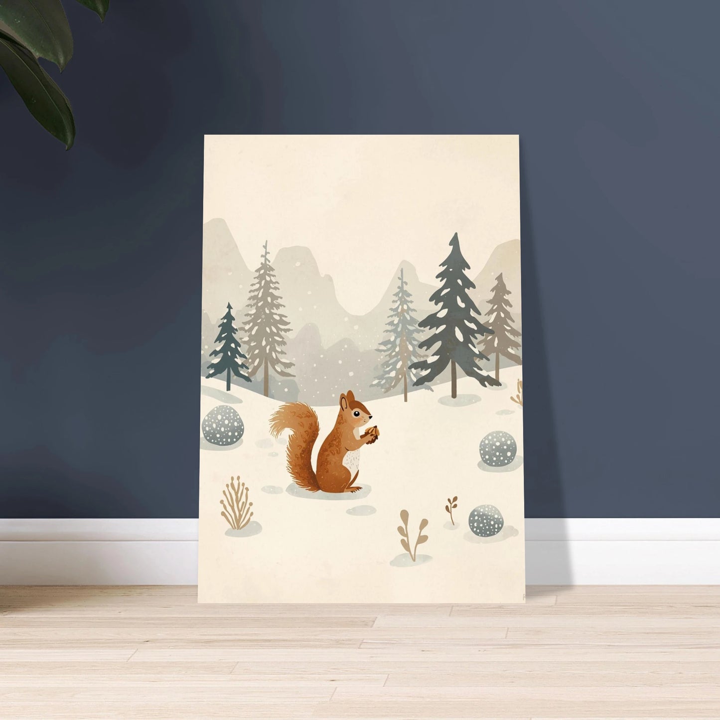 Ekorre i snöigt vinterlandskap, skandinavisk vintage illustration