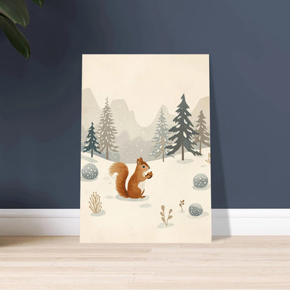 Ekorre i snöigt vinterlandskap, skandinavisk vintage illustration