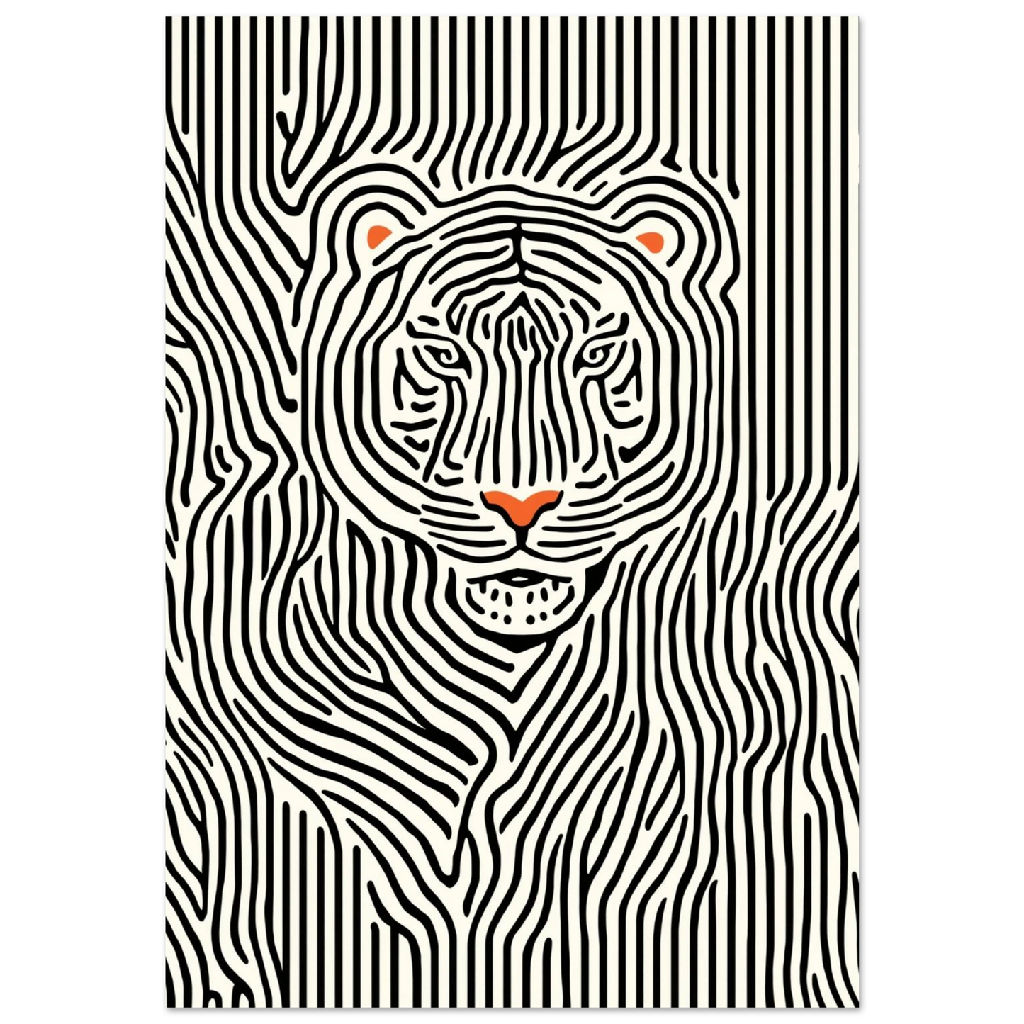 Stiliserad tigerposter med svarta linjer och orangea detaljer på svart bakgrund