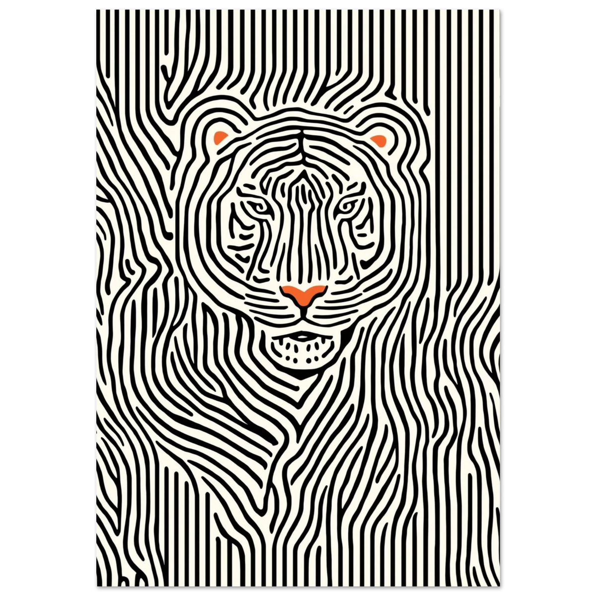 Stiliserad tigerposter med svarta linjer och orangea detaljer på svart bakgrund