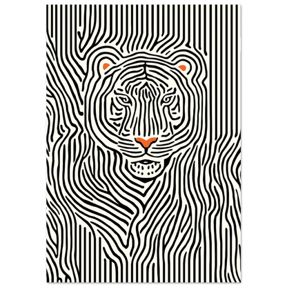Stiliserad tigerposter med svarta linjer och orangea detaljer på svart bakgrund