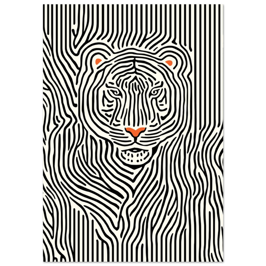 Stiliserad tigerposter med svarta linjer och orangea detaljer på svart bakgrund
