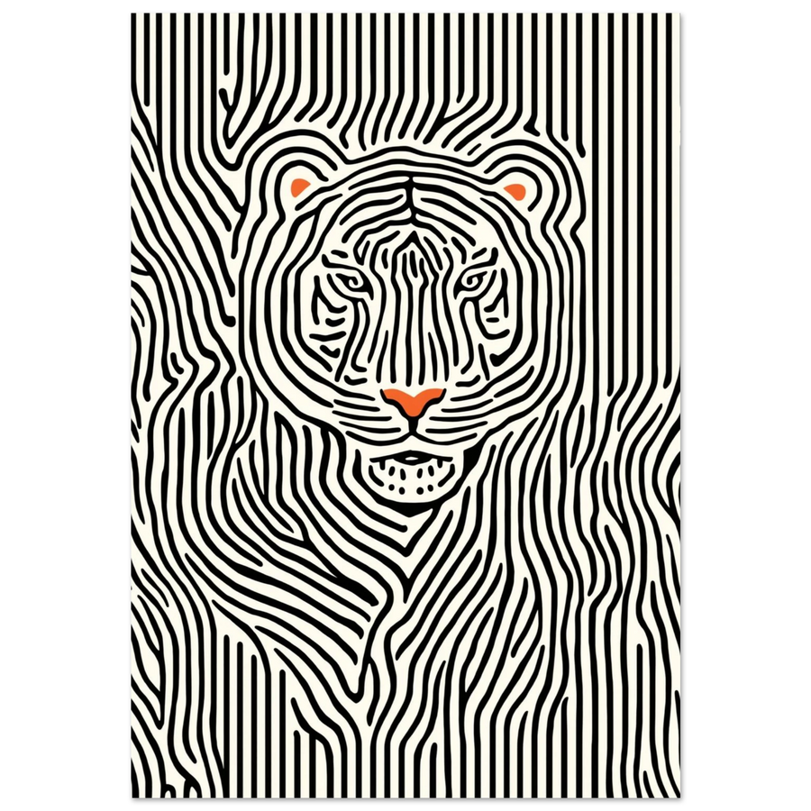 Stiliserad tigerposter med svarta linjer och orangea detaljer på svart bakgrund