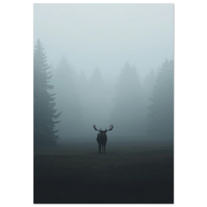 Ståtlig älg med horn i tät morgondimma – nordisk fotoposter