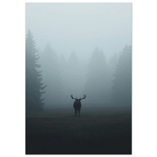 Ståtlig älg med horn i tät morgondimma – nordisk fotoposter
