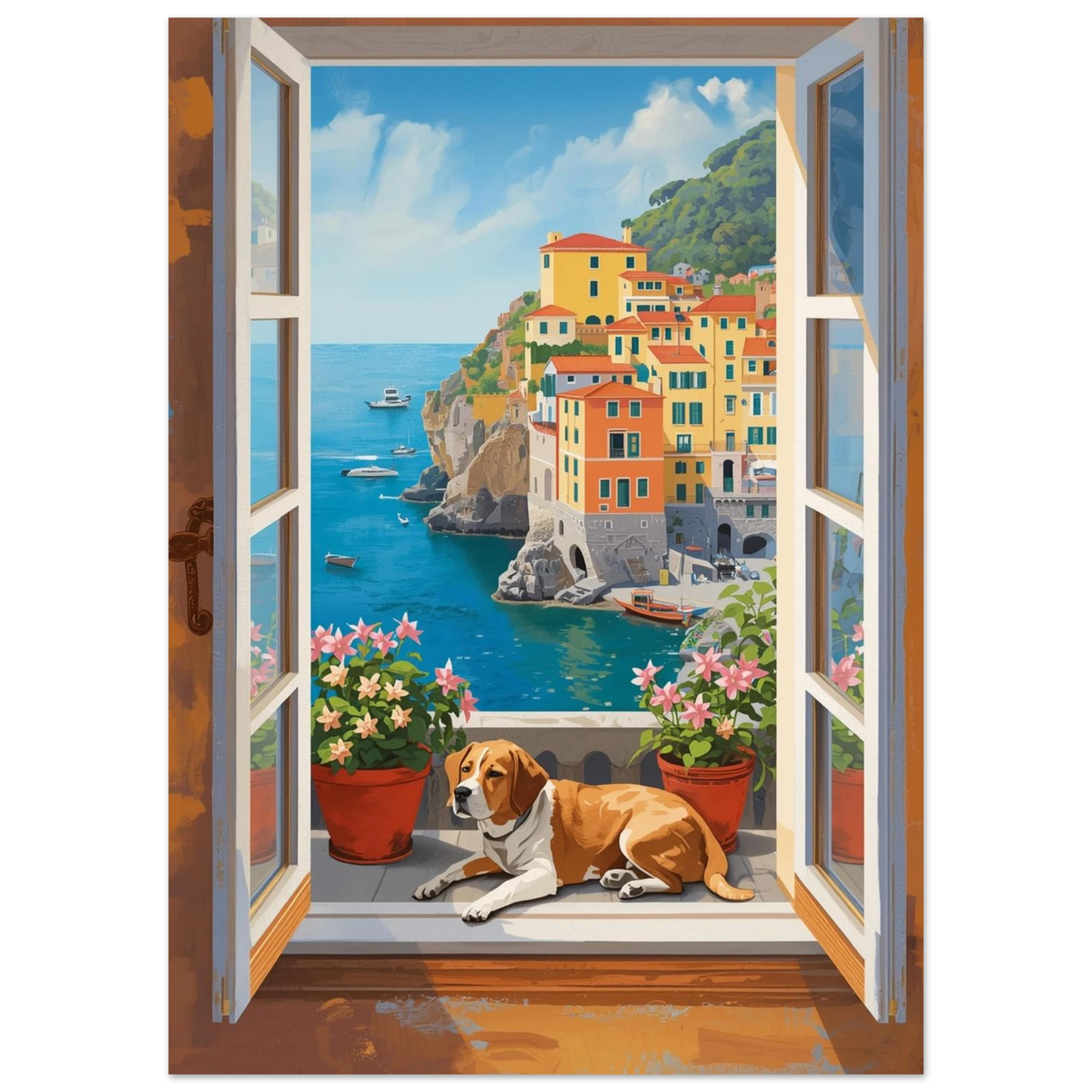 Harmonisk hundposter med medelhavsutsikt och blommande krukor vid ett fönster