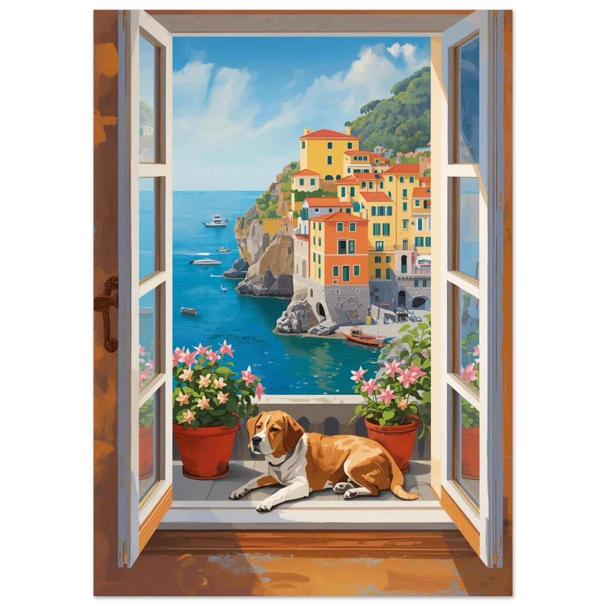 Harmonisk hundposter med medelhavsutsikt och blommande krukor vid ett fönster