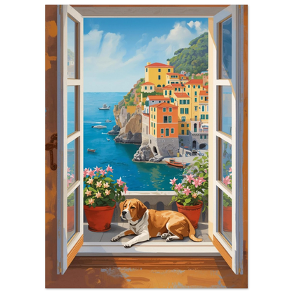 Harmonisk hundposter med medelhavsutsikt och blommande krukor vid ett fönster