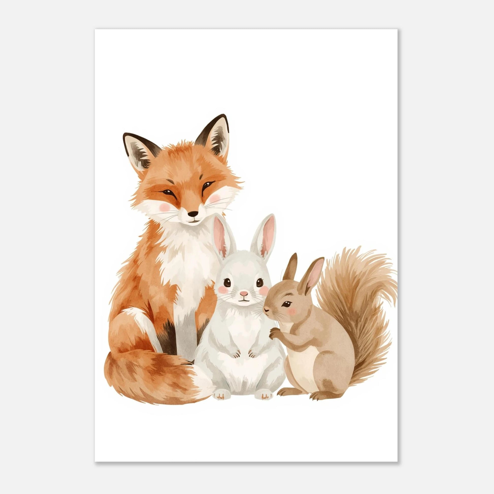 Sagoaktigt motiv med räv, kanin och ekorre på vit bakgrund