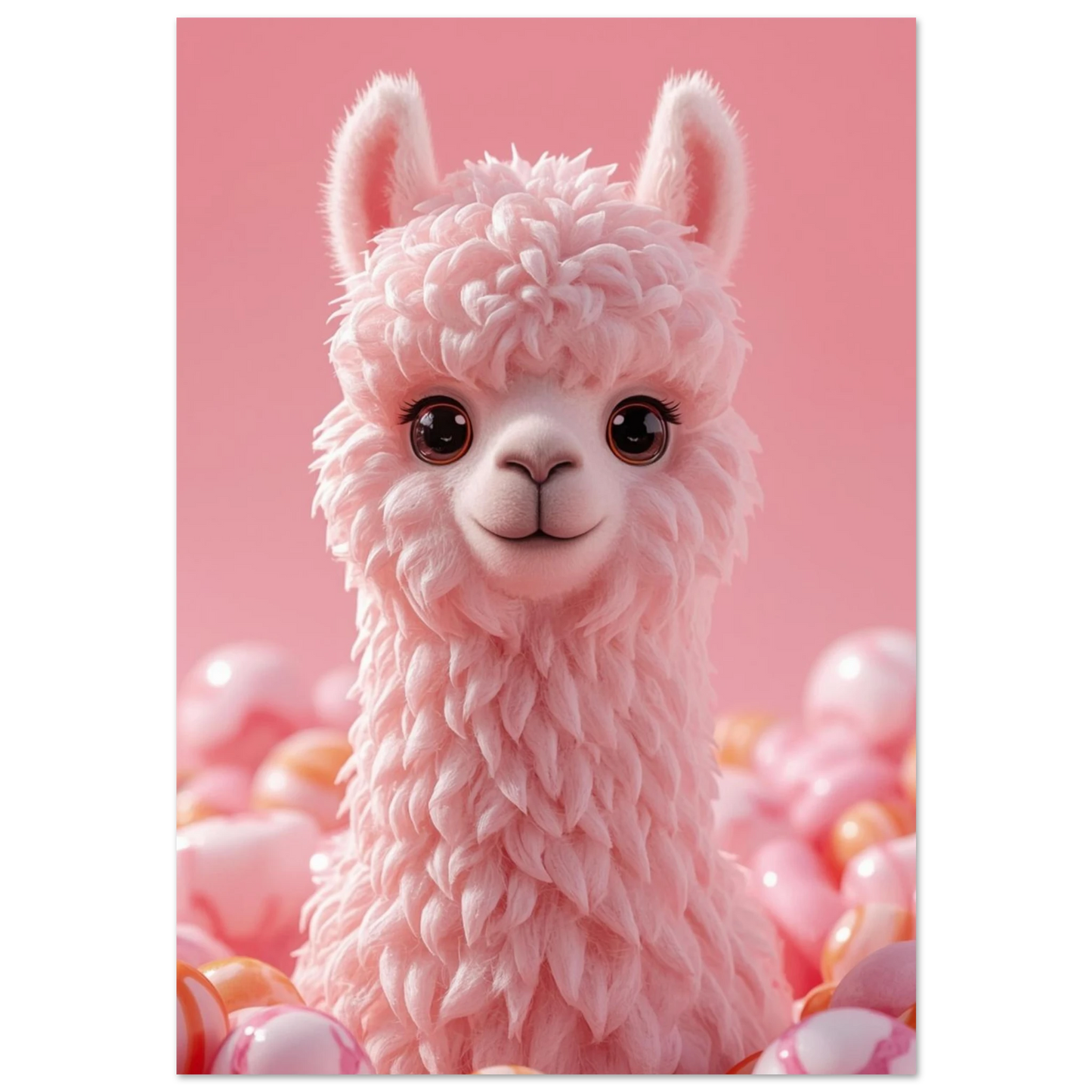 Rosa fluffig alpacka bland godisbitar i en drömsk digital illustration