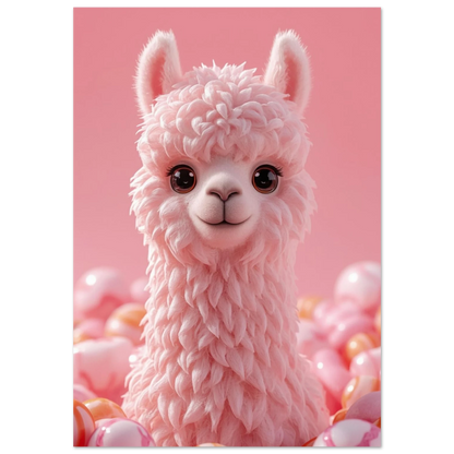 Rosa fluffig alpacka bland godisbitar i en drömsk digital illustration