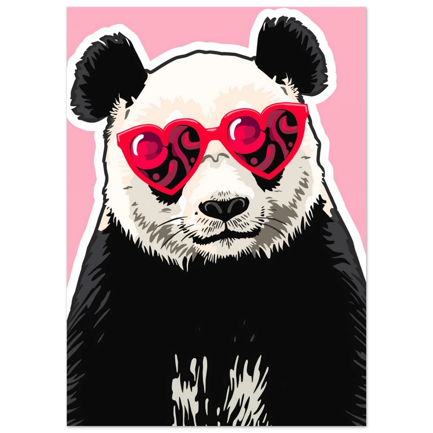 Närbild på panda i hjärtglasögon, grafisk illustration i svartvitt och rosa