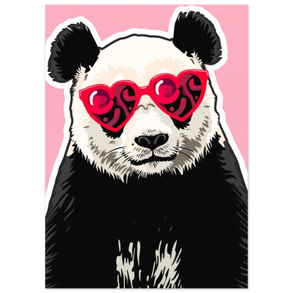 Närbild på panda i hjärtglasögon, grafisk illustration i svartvitt och rosa