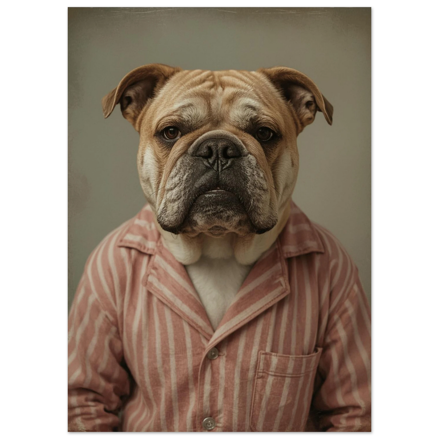 Närbild på bulldog i röd-vitrandig nattdräkt, konstnärligt hundporträtt i studio