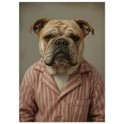 Närbild på bulldog i röd-vitrandig nattdräkt, konstnärligt hundporträtt i studio