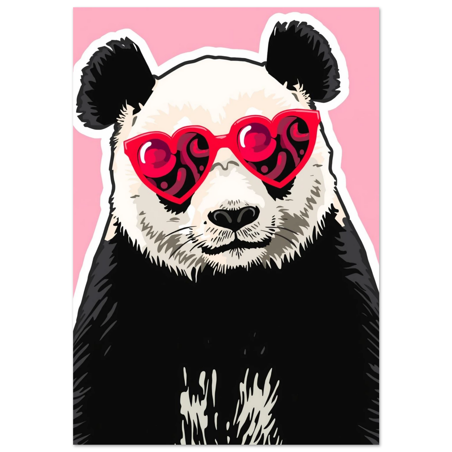Panda med röda hjärtformade solglasögon mot rosa bakgrund – lekfull djurposter