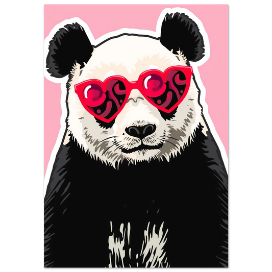 Panda med röda hjärtformade solglasögon mot rosa bakgrund – lekfull djurposter