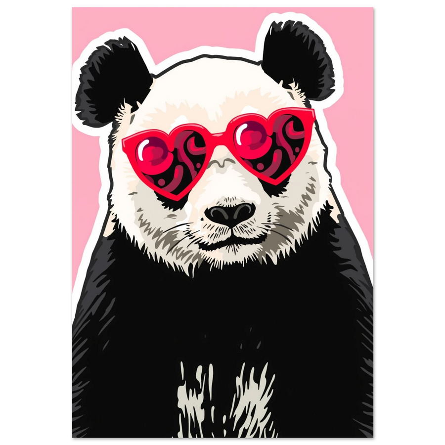 Panda med röda hjärtformade solglasögon mot rosa bakgrund – lekfull djurposter