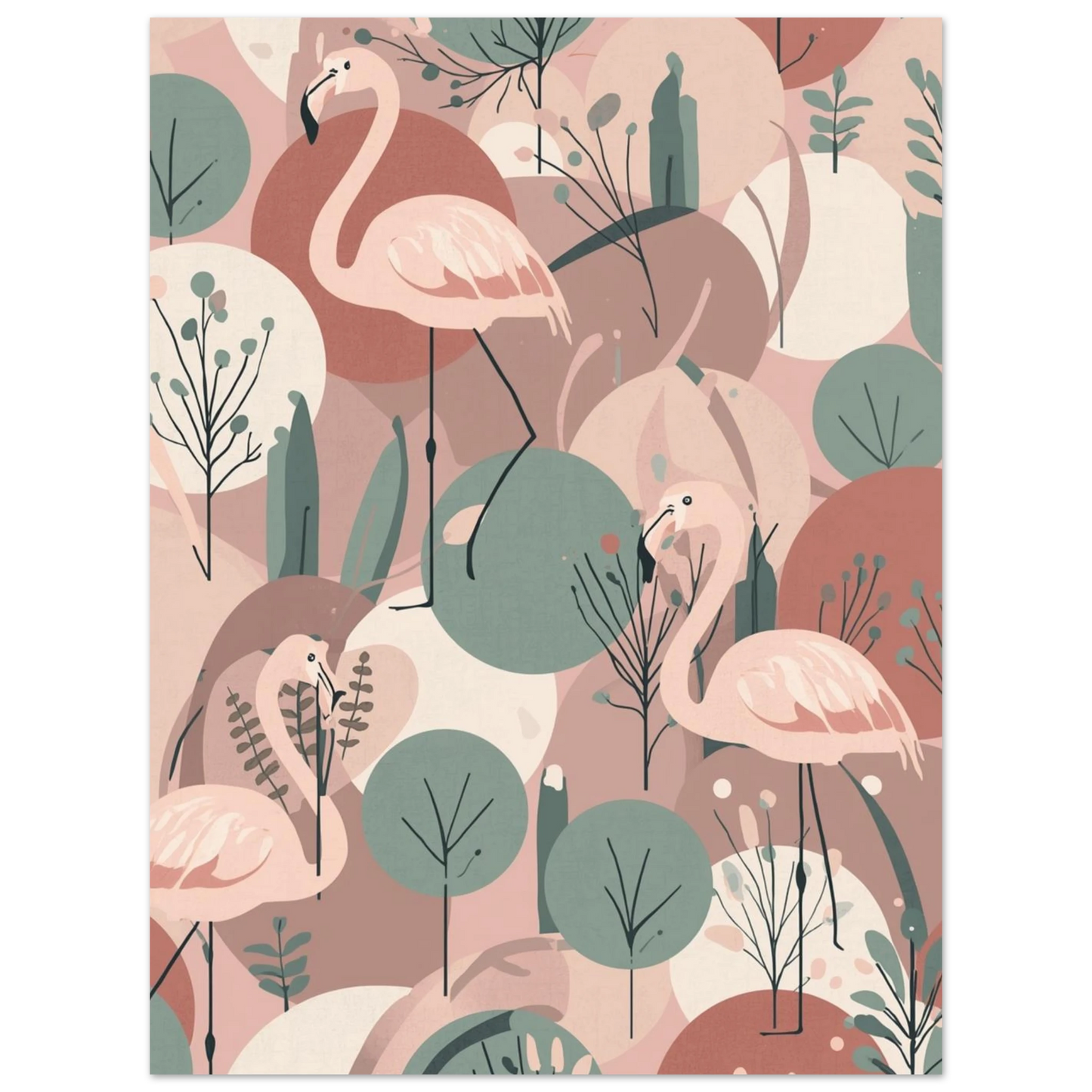 Skandinavisk väggkonst med rosa flamingos i en harmonisk och drömsk komposition