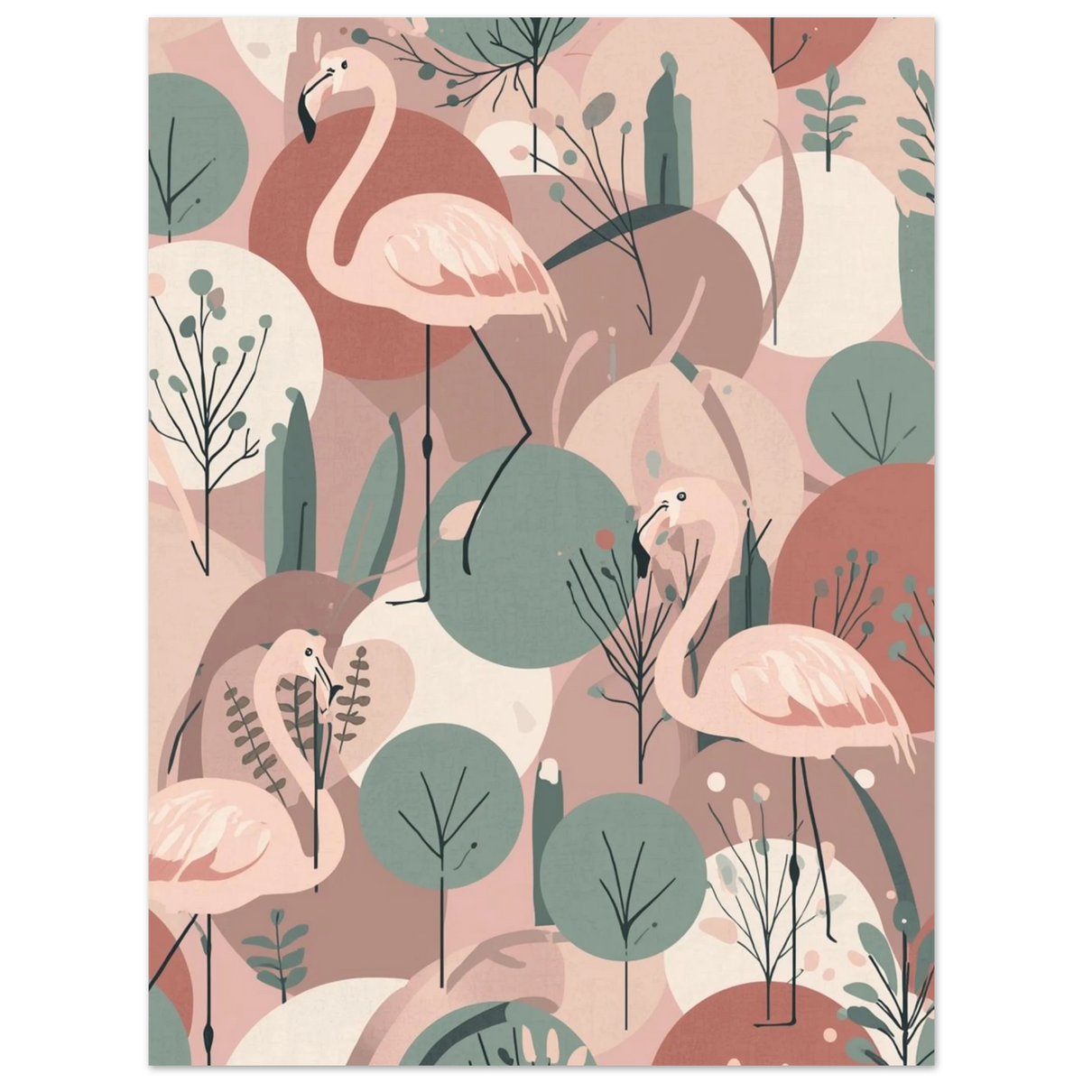 Skandinavisk väggkonst med rosa flamingos i en harmonisk och drömsk komposition