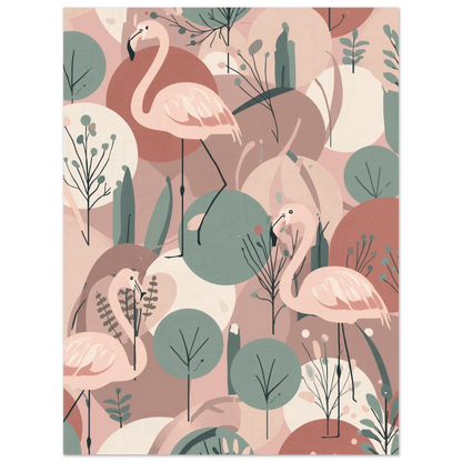 Skandinavisk väggkonst med rosa flamingos i en harmonisk och drömsk komposition