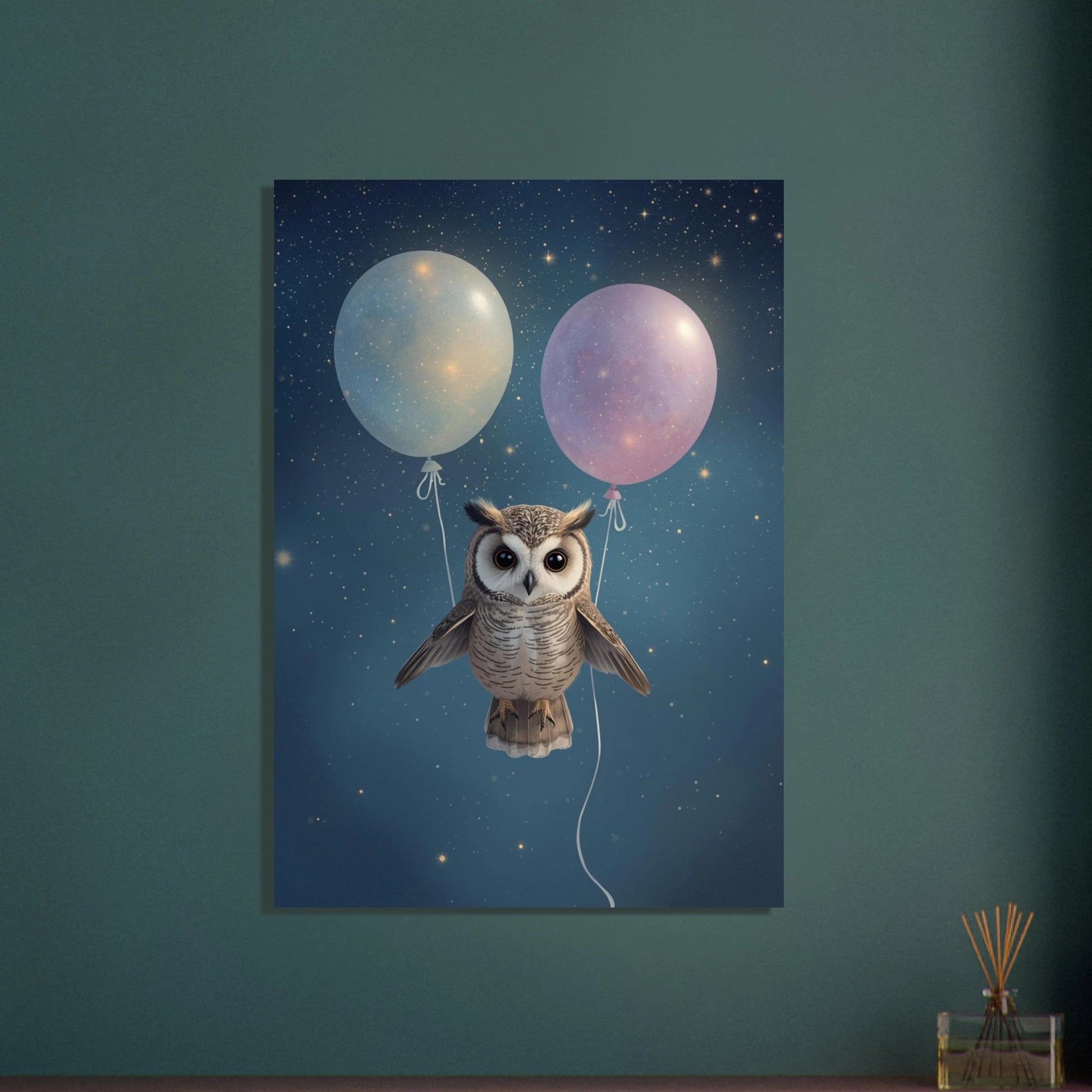 Söt babyuggla svävar med ballonger i en stjärnklar natthimmel.