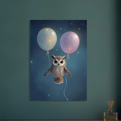 Söt babyuggla svävar med ballonger i en stjärnklar natthimmel.