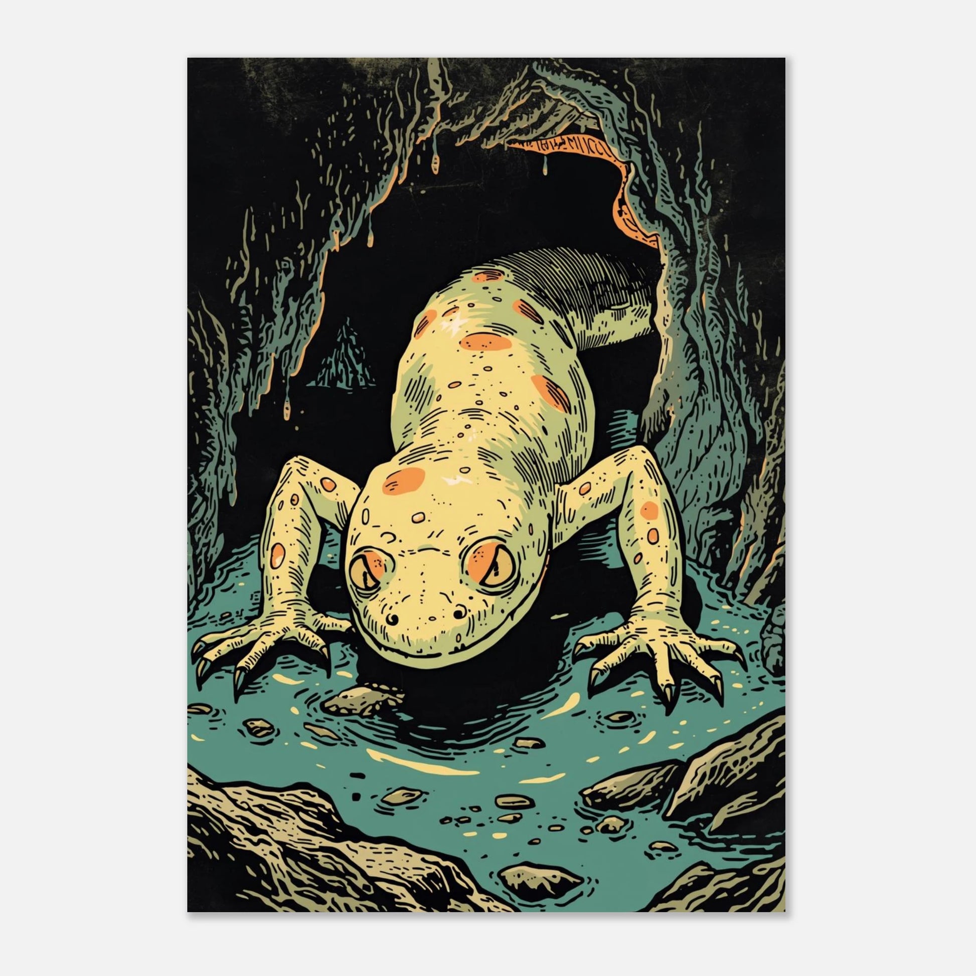 Stämningsfull illustration av en väktarliknande salamander vid en grottöppning