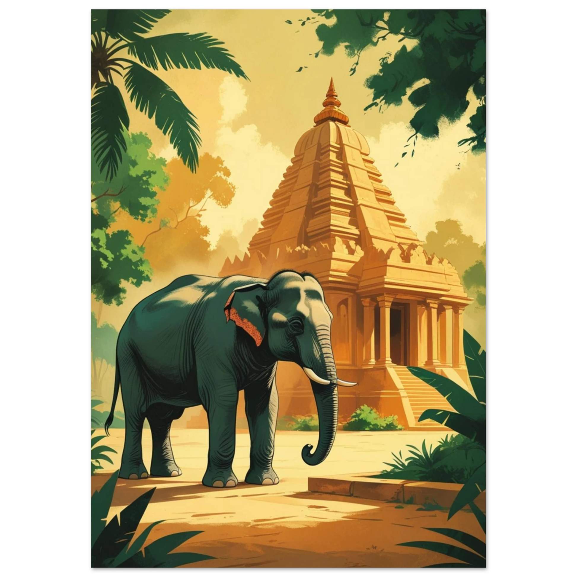 Djungelmotiv med elefant och arkitektur i klassisk 1940-tals stil