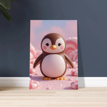 Söt pingvinfigur av choklad i en rosa godisvärld.
