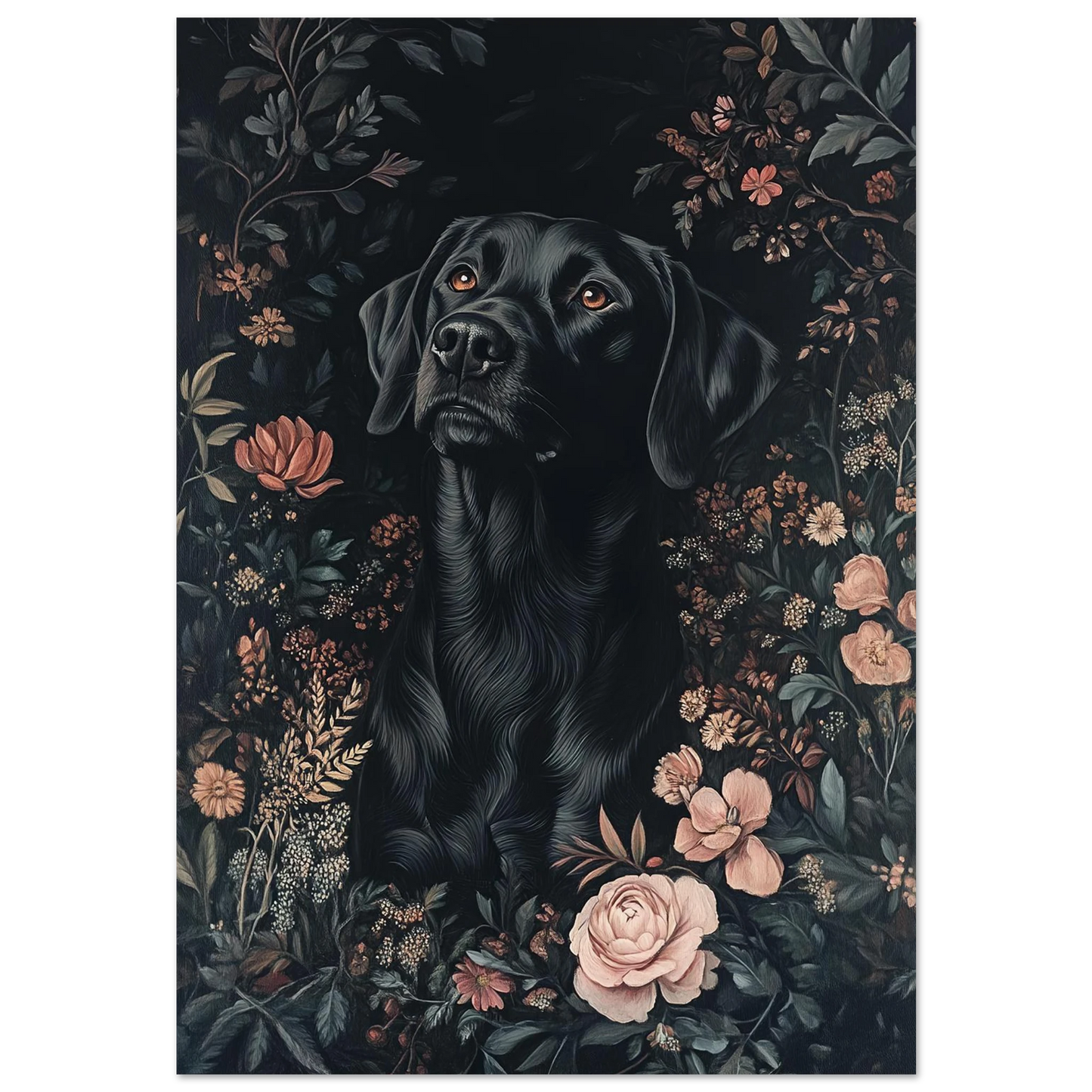 Poster – Svart Labrador i blomsterprakt | Djurmotiv