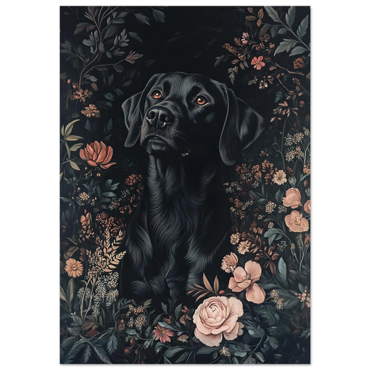 Svart labrador retriever i mörk blomsterprakt – konstnärlig hundposter med rosor