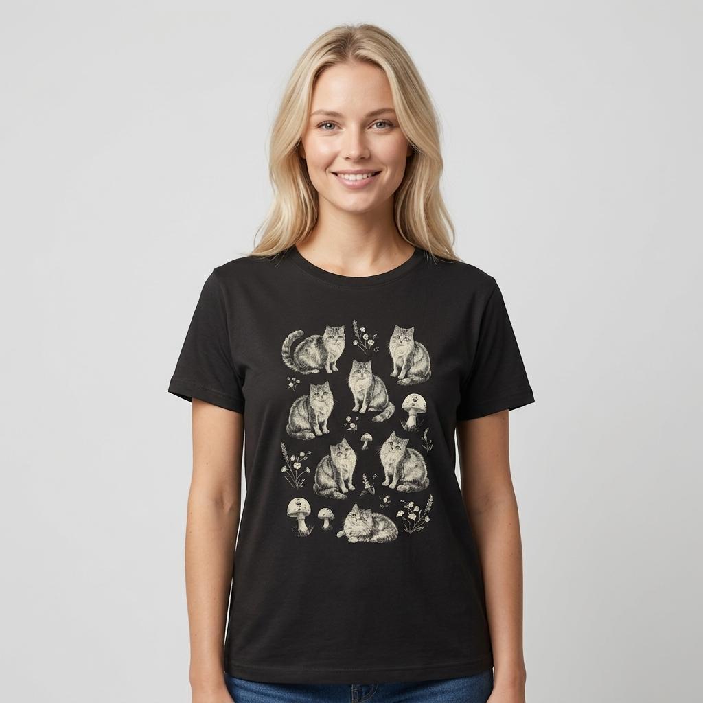 Kvinna bär en svart t-shirt med illustrerade katter och svampar framifrån