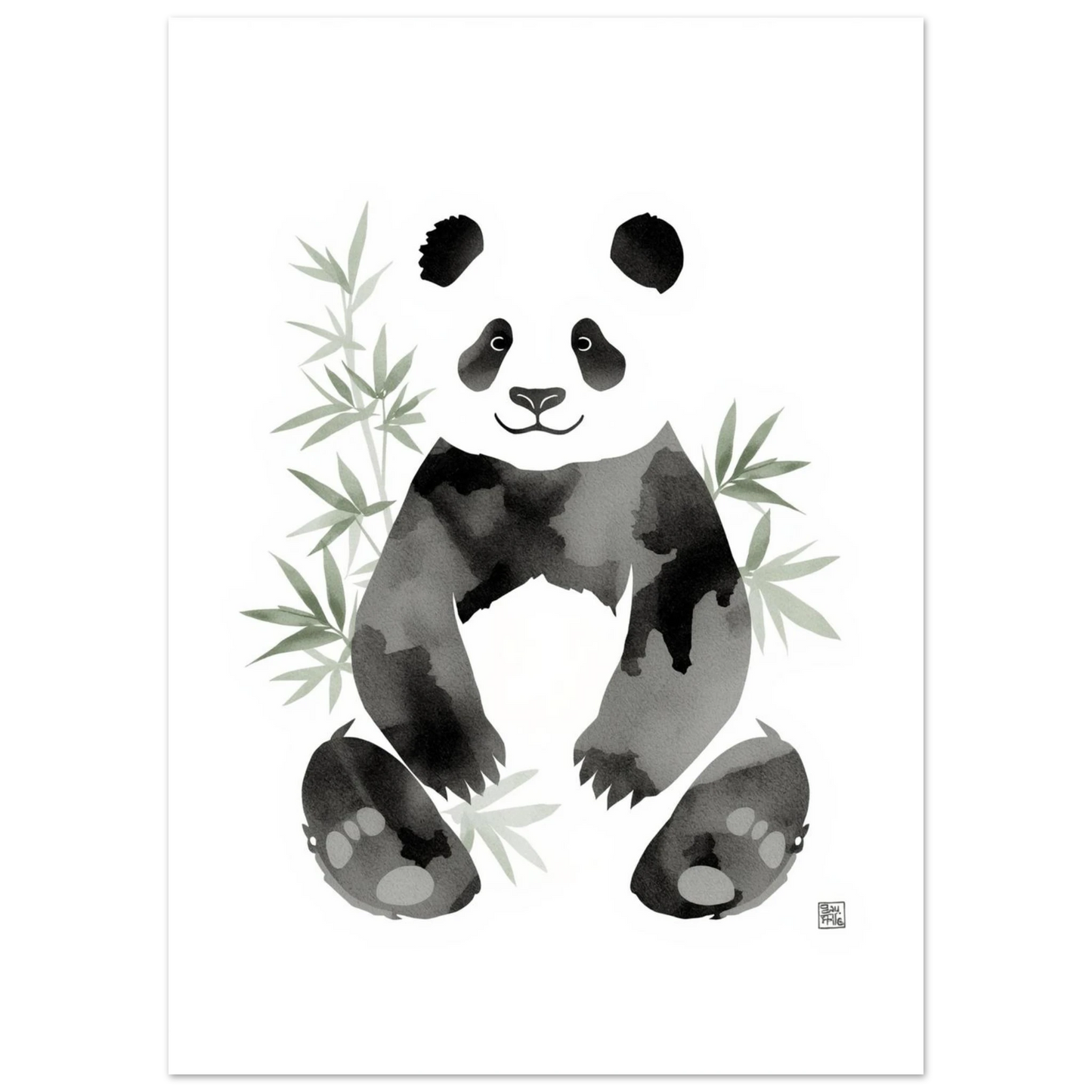 Illustrerad jättepanda i bläckwash-stil med subtila grå toner och bambu