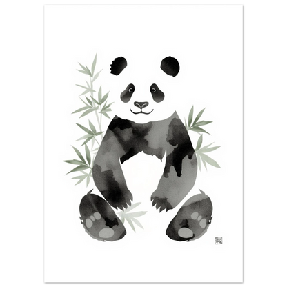 Illustrerad jättepanda i bläckwash-stil med subtila grå toner och bambu