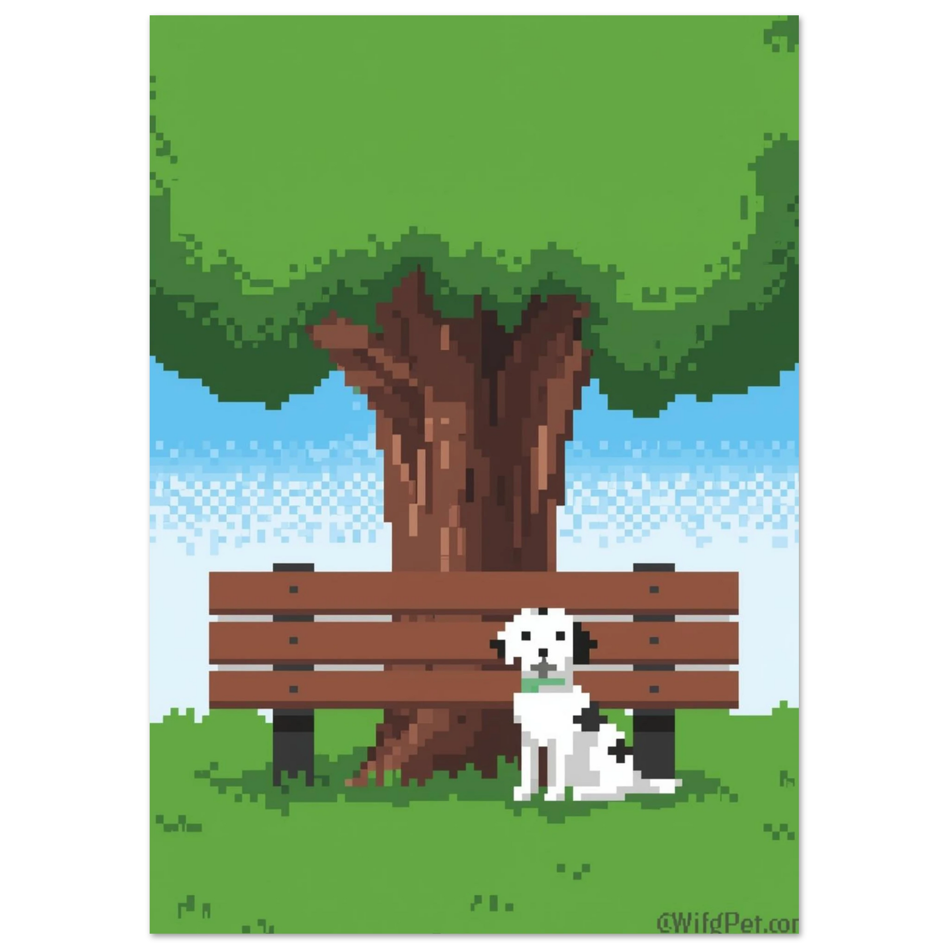 Retroinspirerad pixelposter föreställande en trofast hund i grönskande natur