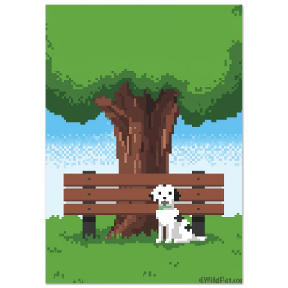 Retroinspirerad pixelposter föreställande en trofast hund i grönskande natur