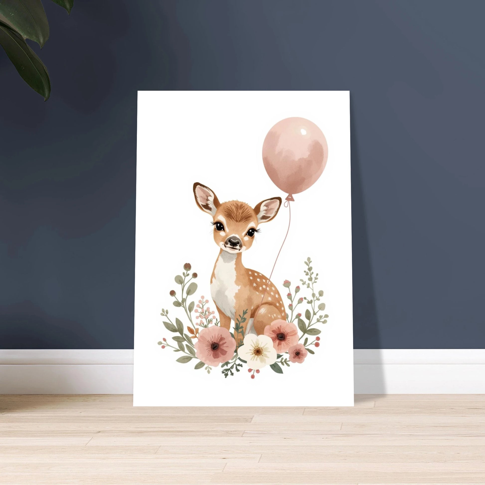 Sött rådjur i akvarell med blommor och rosa ballong.