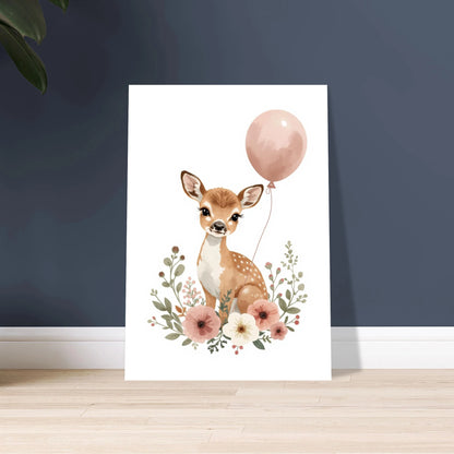 Sött rådjur i akvarell med blommor och rosa ballong.