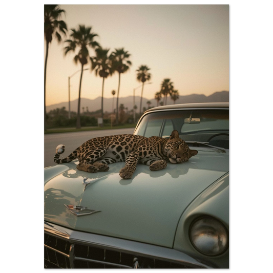 Leopard vilar på huven av en mintgrön vintagebil vid solnedgång