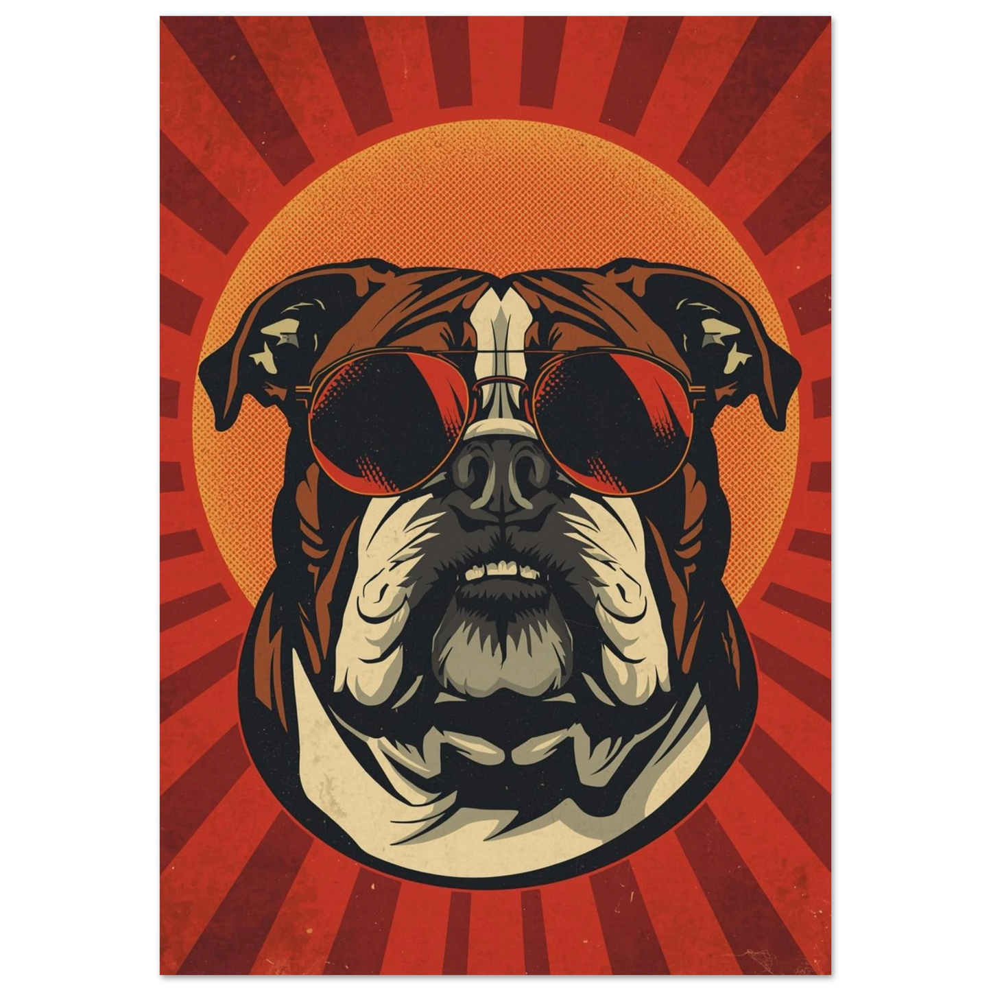 Bulldog med solglasögon i retro popkonst-stil mot röd strålglans