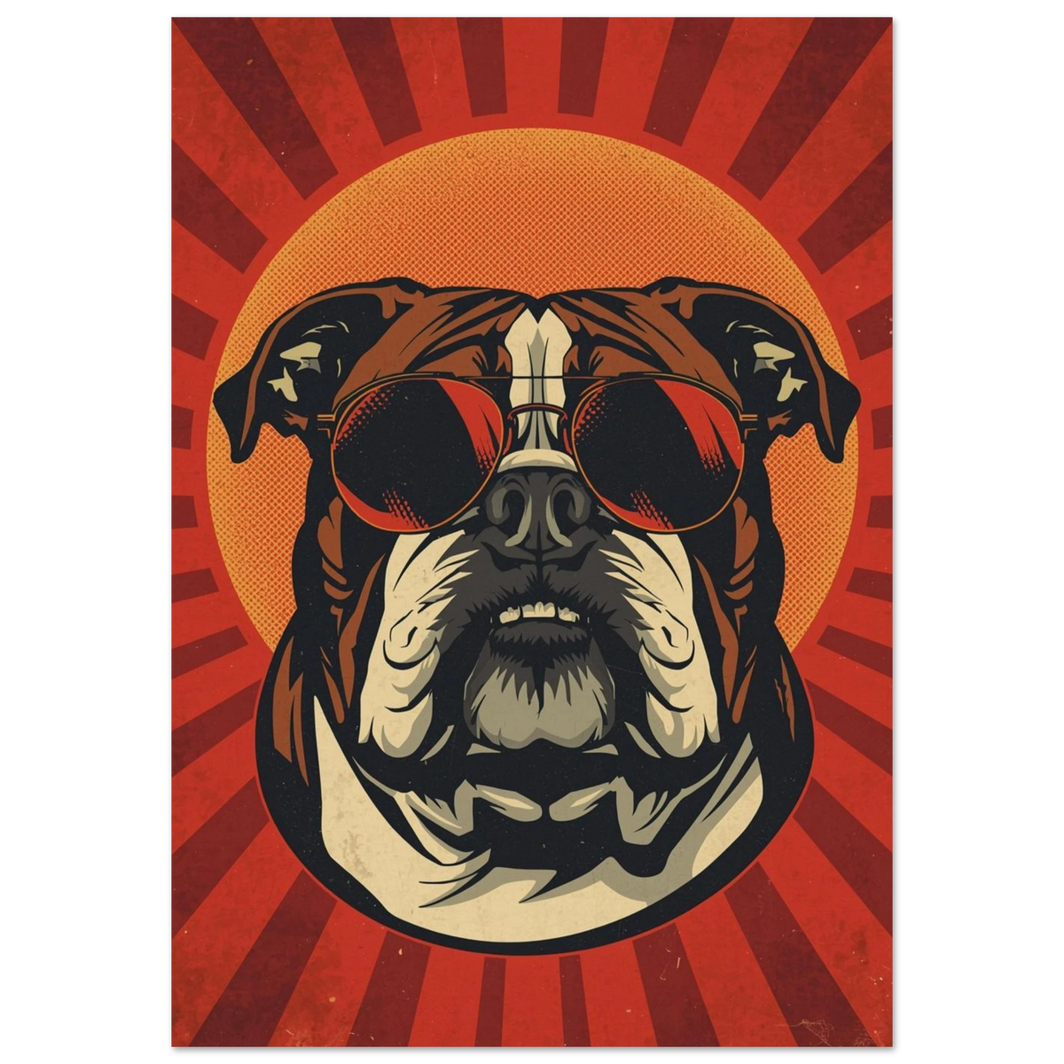 Bulldog med solglasögon i retro popkonst-stil mot röd strålglans