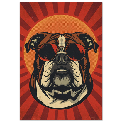 Bulldog med solglasögon i retro popkonst-stil mot röd strålglans